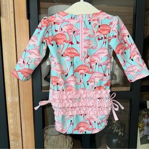 RuffleButts Vibrant Flamingo Long Sleeve One Piece Rash Guard ruffles baby girl